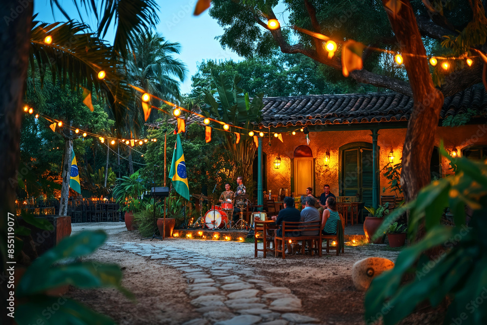 Cozy Outdoor Restaurant with String Lights and People Dining in Tropical Garden at Dusk. Brazil Independence Day Cozy Outdoor Restaurant with String Lights and People Dining in Tropical Garden at Dusk. Brazil Independence Day