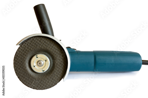 Blue angle grinder on a white background.
