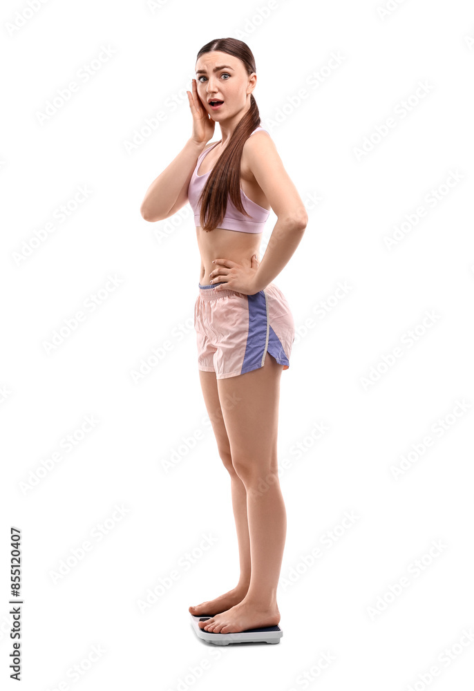Excited woman on floor scale against white background Excited woman on floor scale against white background
