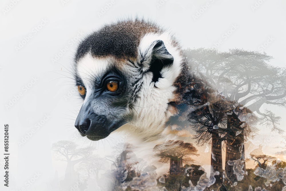 Obraz premium A detailed image of a curious lemur with its vivid eyes, set against a backdrop of towering trees commonly found in Madagascar. The image blends the lemur's features with the natural surroundings.