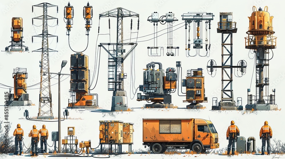 Fototapeta premium Vector illustration set of electrical workers. Illustration for website, landing page, mobile app, poster and banner. Trendy flat vector illustration