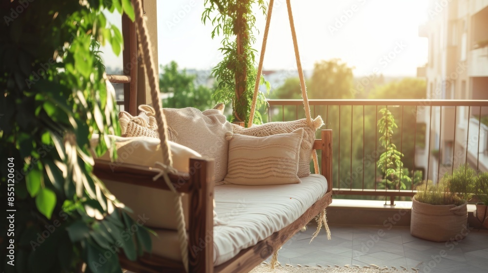Cozy garden swing with cushions on a sunny balcony, perfect for relaxation and leisure Cozy garden swing with cushions on a sunny balcony, perfect for relaxation and leisure