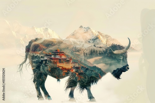 A digitally created double exposure image featuring a Yak, with the visual blending of a Tibetan monastery and snowy mountains showcasing the serene beauty of nature and culture. photo
