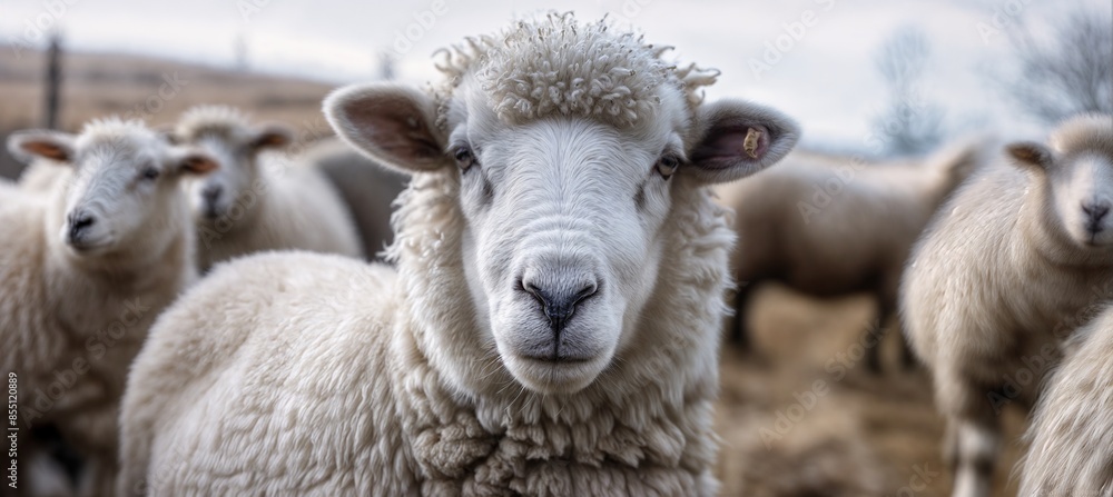 Close-up of a flock of white sheep in a field Close-up of a flock of white sheep in a field