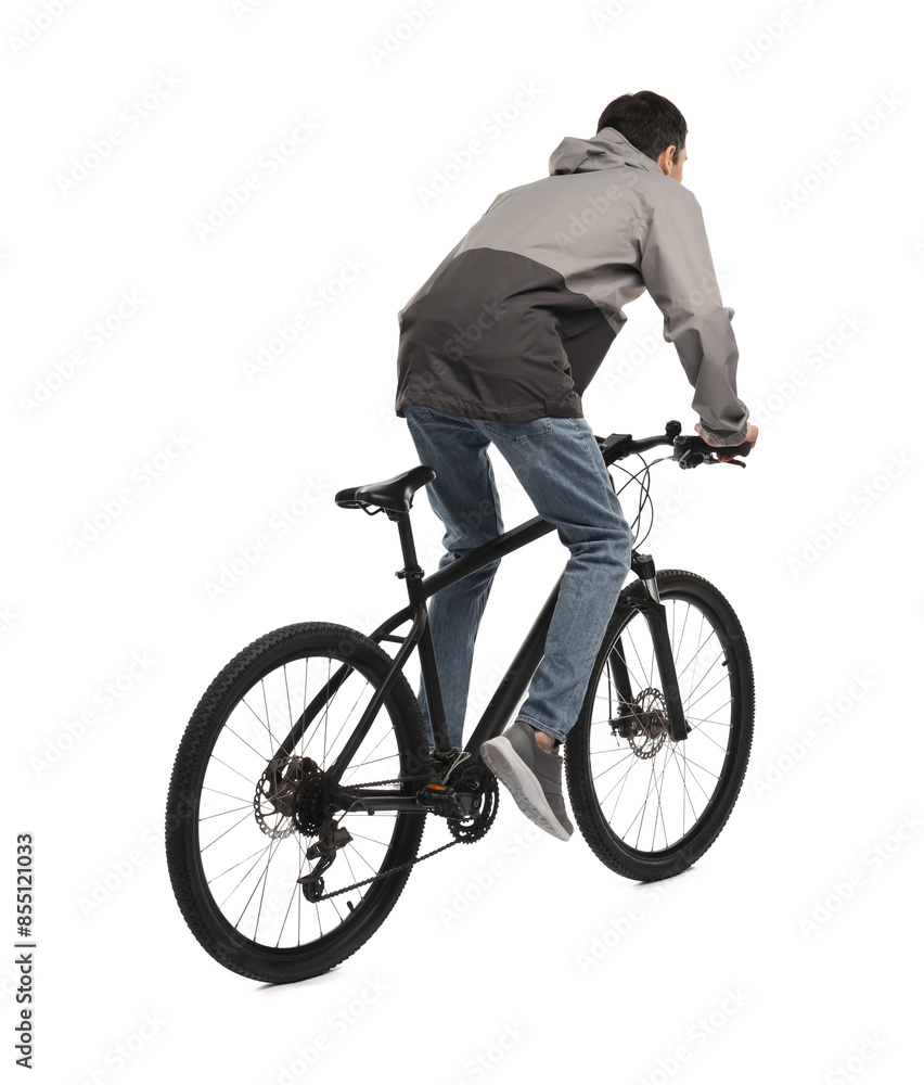 Young man riding bicycle on white background Young man riding bicycle on white background