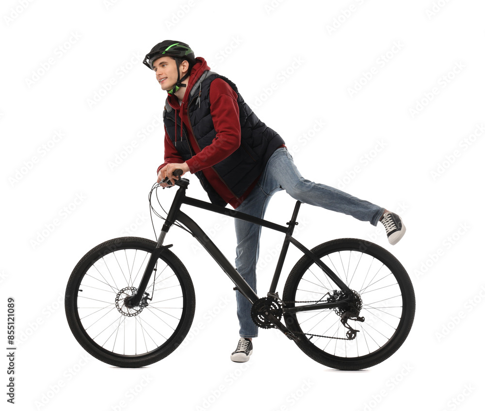 Smiling man in helmet with bicycle isolated on white Smiling man in helmet with bicycle isolated on white