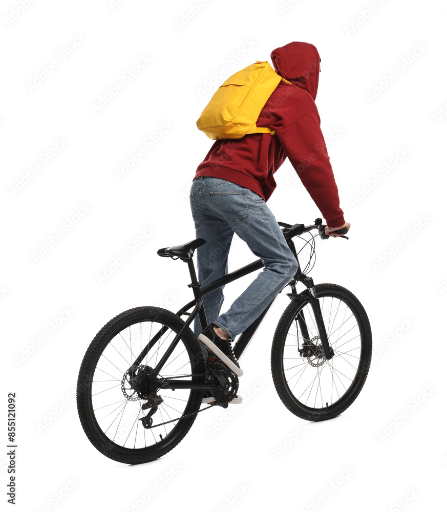 Obraz premium Man with backpack riding bicycle on white background