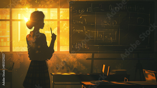 A silhouette of a teacher standing in front of a chalkboard filled with mathematical equations, bathed in the warm golden light of the setting sun through the classroom windows photo