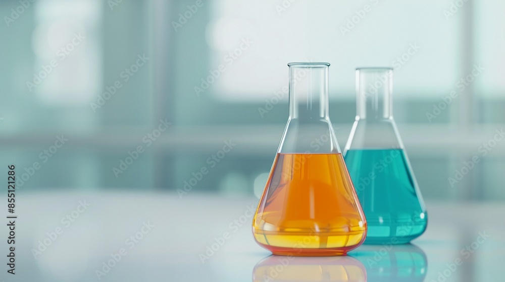 Laboratory beakers containing orange to teal liquids, neatly positioned on a glossy countertop, bright scientific setting with natural light from large windows in the background Laboratory beakers containing orange to teal liquids, neatly positioned on a glossy countertop, bright scientific setting with natural light from large windows in the background