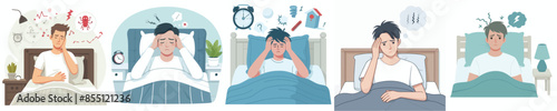 set vector cartoon character with insomnia symptoms