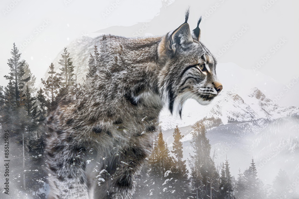 Fototapeta premium A majestic lynx stands poised against a snowy mountainous backdrop, blending seamlessly with the dense forest habitat. The image captures the lynx's stealth and the cold, serene environment.