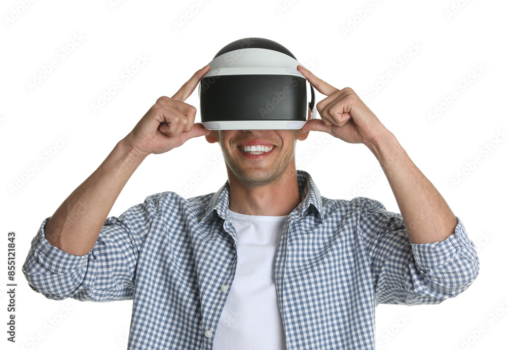 Smiling man using virtual reality headset on white background Smiling man using virtual reality headset on white background