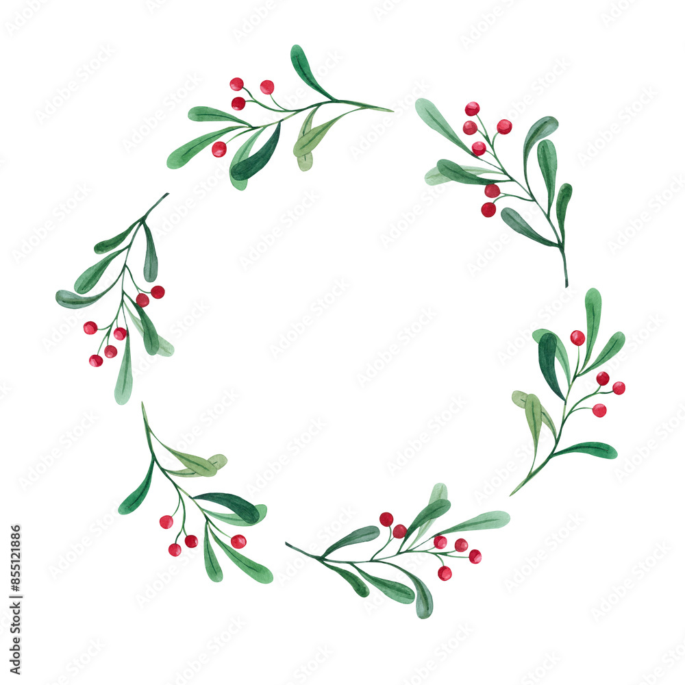 Watercolor round frame with twigs and red berries. New Year and Christmas card with place for text. Lingonberry berries and greens, plant branches, botanical illustration. Watercolor round frame with twigs and red berries. New Year and Christmas card with place for text. Lingonberry berries and greens, plant branches, botanical illustration.