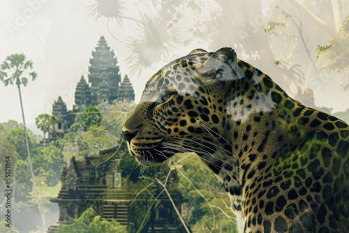 A majestic leopard calmly overlooks a jungle scene with ancient temple ruins in the background, blending nature's beauty with historical mystique. photo