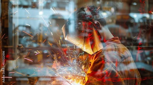welder in protective mask at work photo