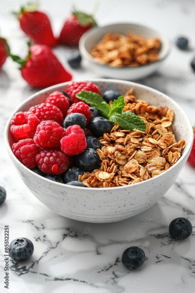 A bowl of fruit with berries, raspberries, and blueberries. The bowl is white and has a green leaf on top A bowl of fruit with berries, raspberries, and blueberries. The bowl is white and has a green leaf on top