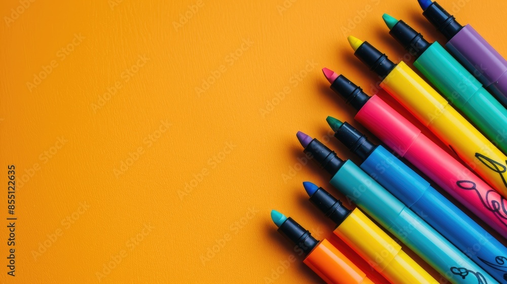 Fototapeta premium Colorful marker flat lay on colored background with text space