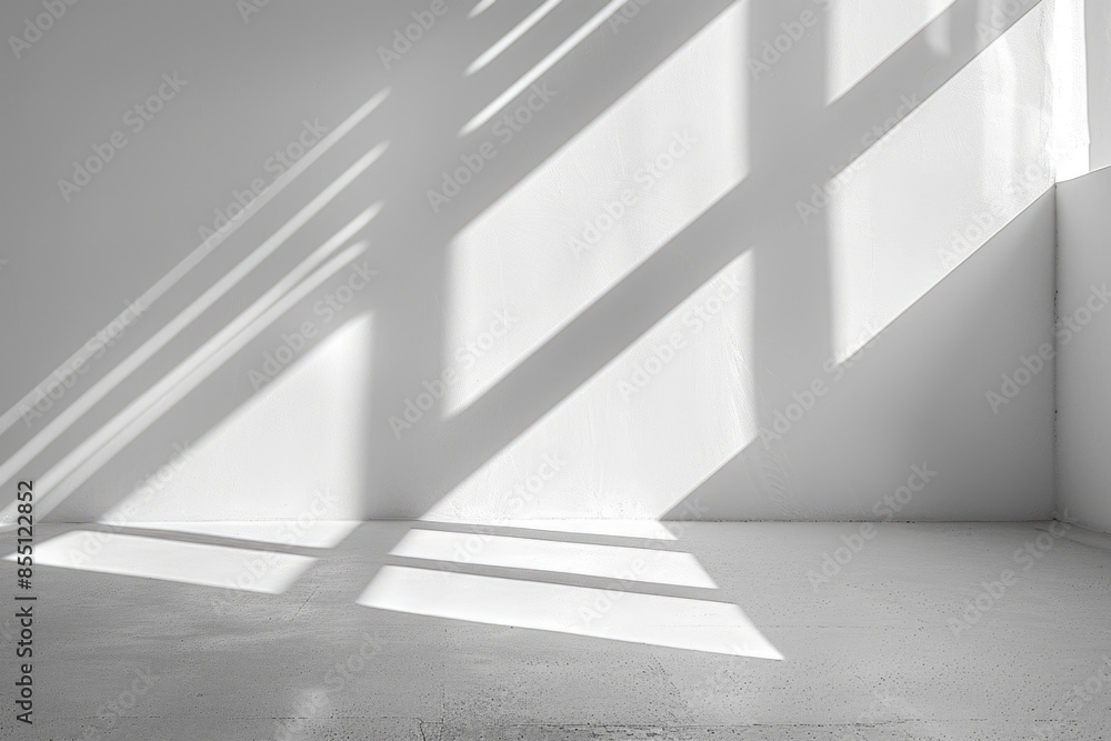 Fototapeta premium Minimalistic abstract light grey wall background for product presentation with sunlight shadow 