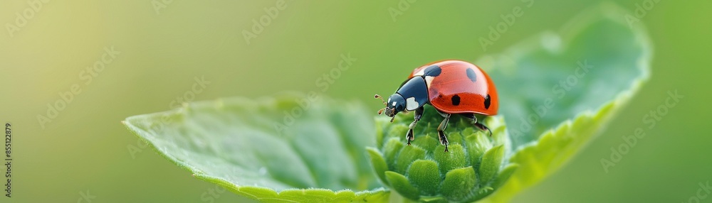 Obraz premium Red ladybug resting on a green flower bud, showing fine details of the insect and plant, with a soft, blurred background, nature macro shot