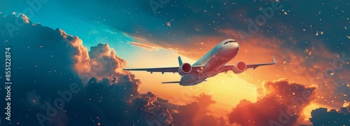 Airplane Flying At Sunset With Stars