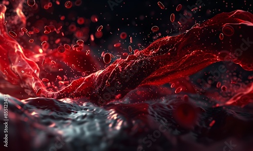 A dynamic wave of 3D-rendered red blood cells flowing through an abstract, dark background, highlighting the movement and vitality within veins and arteries photo