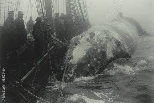 Historic whaling scene with a ship and crew at sea photo