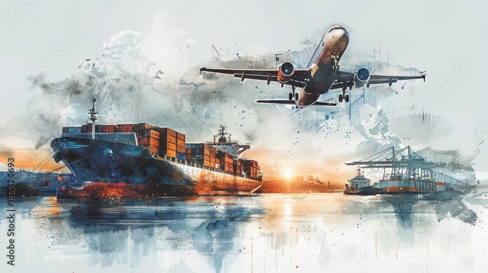 A watercolor painting of a cargo ship and a plane in the sky, representing global trade and transportation. A watercolor painting of a cargo ship and a plane in the sky, representing global trade and transportation.