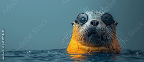 A seal wearing goggles pops its head out of the water.