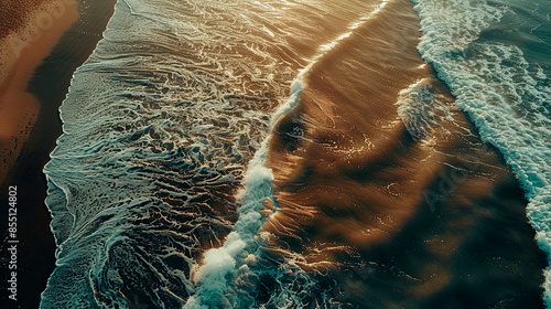 Ocean waves washing up on a sandy beach at sunset, golden light. Concept of nature's beauty and tranquility. Ideal for travel marketing, coastal conservation campaigns, and relaxation promotions photo