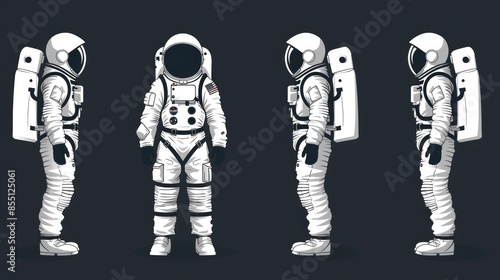  Vector illustration of multiple astronauts on a gray background, simple design, flat vector graphic with white outlines, white and black color palette, minimalistic style, high resolution