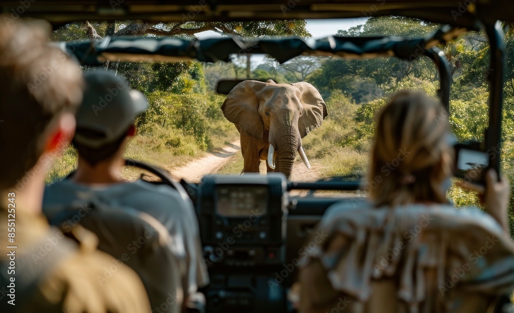 Tourists Viewing Elephant In African Safari Vehicle Tourists Viewing Elephant In African Safari Vehicle