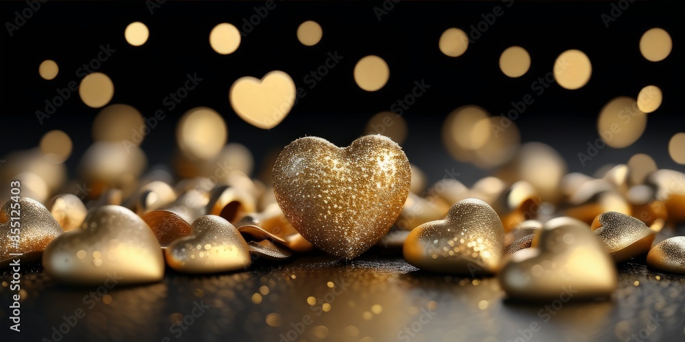 festive background golden hearts on a black