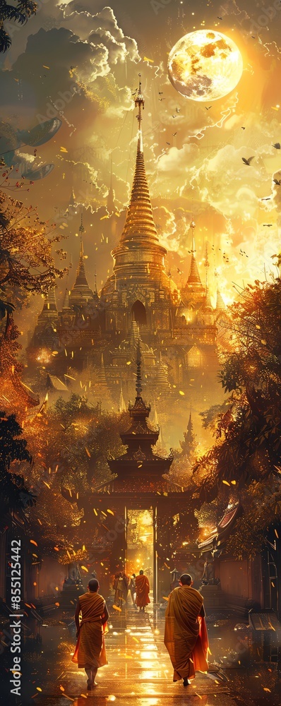 Golden temple under a mystical full moon, with monks walking towards the entrance surrounded by enchanted forest and glowing fireflies.