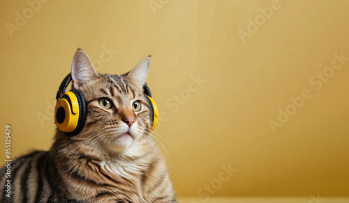 Portrait of a cat wearing headphones on a simple background with copy space