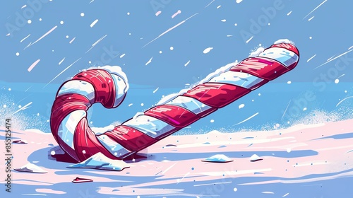 Illustration of a candy cane lying in the snow with falling snowflakes, depicting the winter and holiday season. photo