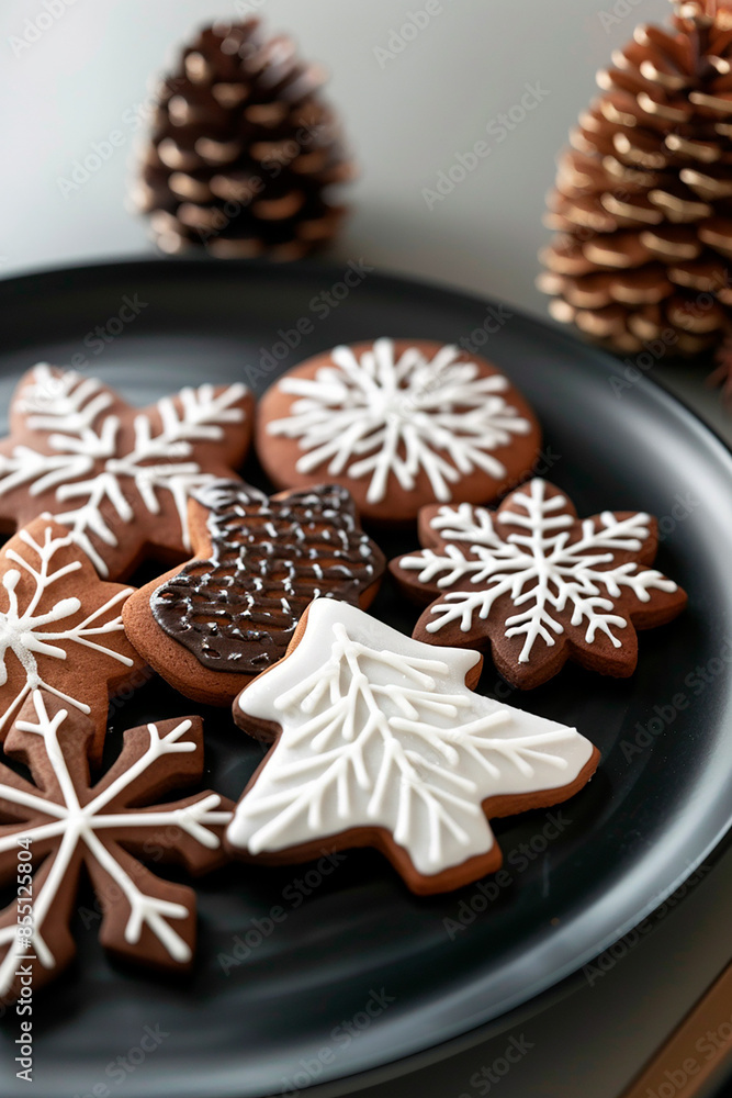 A black plate with various decorated Christmas cookies in the shape of snowflakes and trees A black plate with various decorated Christmas cookies in the shape of snowflakes and trees