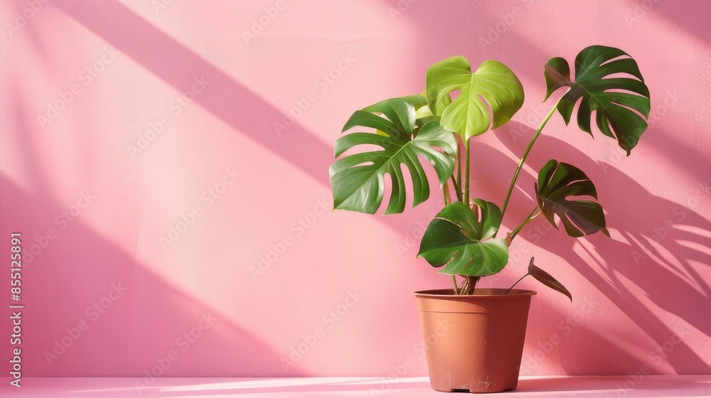 Home plant in brown pot under bright light on pink backdrop with lush green leaves Home plant in brown pot under bright light on pink backdrop with lush green leaves