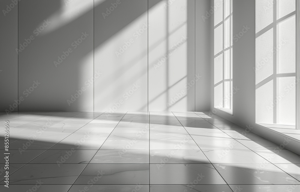 Sunlight Streaming Through Window Onto White Tiled Floor in Empty Room Sunlight Streaming Through Window Onto White Tiled Floor in Empty Room