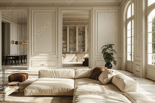 Luxurious Paris apartment with marble textures, soft natural light, elegant furniture, and tasteful decor, showcasing minimalist aesthetics and thoughtful design for a tranquil and clutter-free living