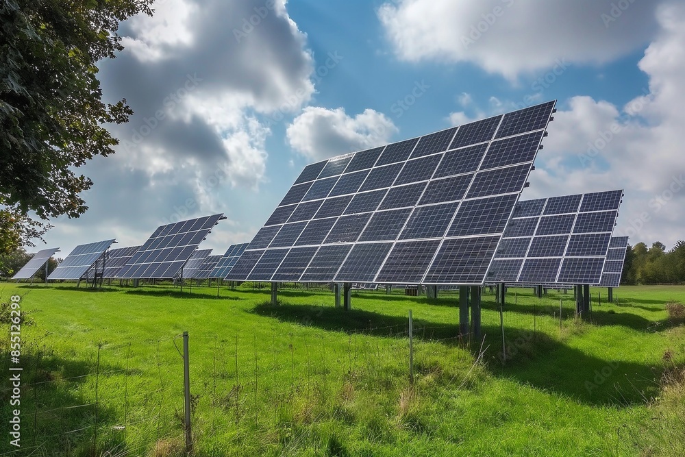 A close-up photo of solar panels against blue sky with clouds in the background. The focus on photovoltaic technology illustrates the concept of sustainable energy, renewables, and climate resilience.