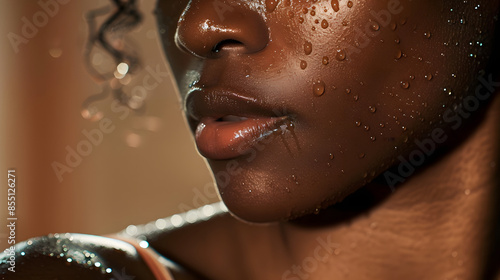 close up of sweat beads on dark skinned woman's shoulder in natural light