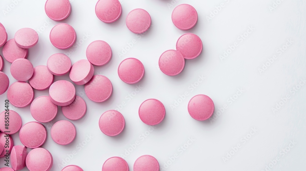 Pink medical pills on white background with space for text health remedy for women s conditions Pink medical pills on white background with space for text health remedy for women s conditions