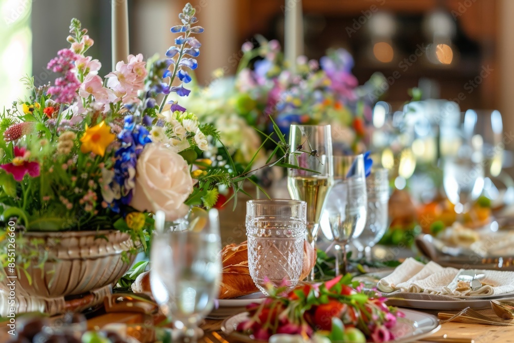 festive atmosphere of Passover celebration decorations adorning the Seder table, including floral arrangements, symbolic items, and Passover-themed centerpieces