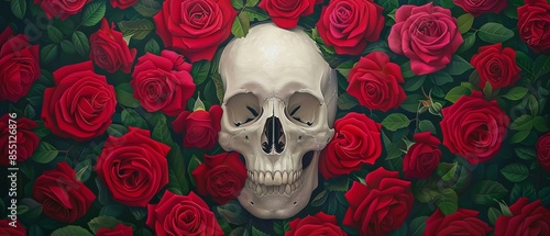 A skull enveloped by lush red roses, creating a hauntingly beautiful image that contrasts the fragility of human existence with the allure of flowers