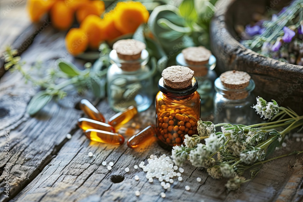 Homeopathy and dietary supplements from medicinal herbs and flowers, alternative medicine concept Homeopathy and dietary supplements from medicinal herbs and flowers, alternative medicine concept