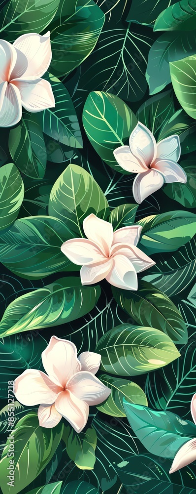 Seamless pattern with white tropical flowers and lush green foliage ...
