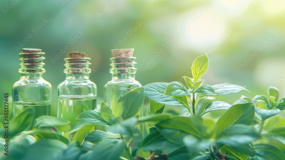 Fresh herbal essence in glass bottles surrounded by green leaves Fresh herbal essence in glass bottles surrounded by green leaves