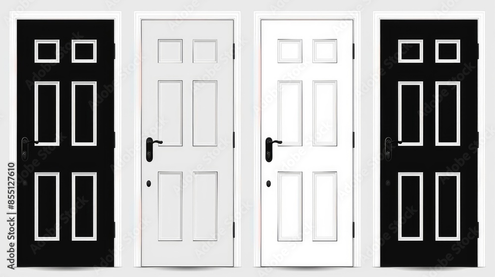 Vector illustration of multiple doors on a white background, simple design, flat vector graphic with white outlines, white and black color palette, minimalistic style, high resolution Vector illustration of multiple doors on a white background, simple design, flat vector graphic with white outlines, white and black color palette, minimalistic style, high resolution