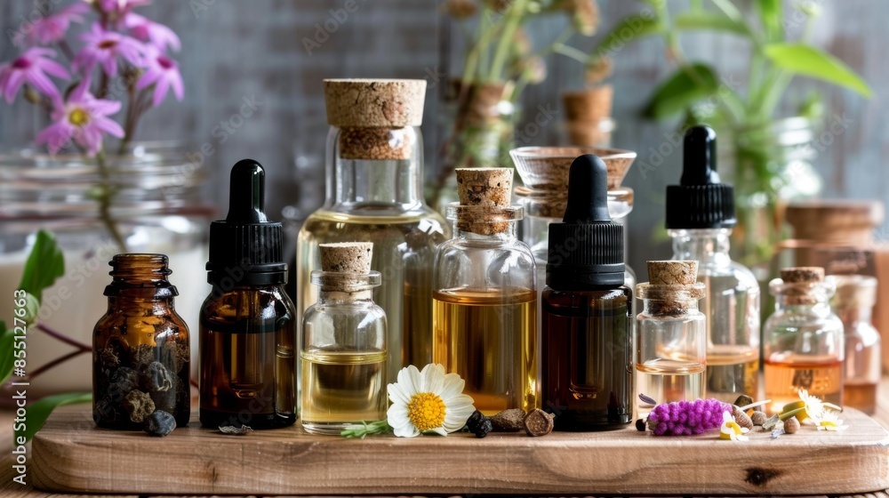 Essential oils and glass bottles on wooden table with natural backdrop Essential oils and glass bottles on wooden table with natural backdrop