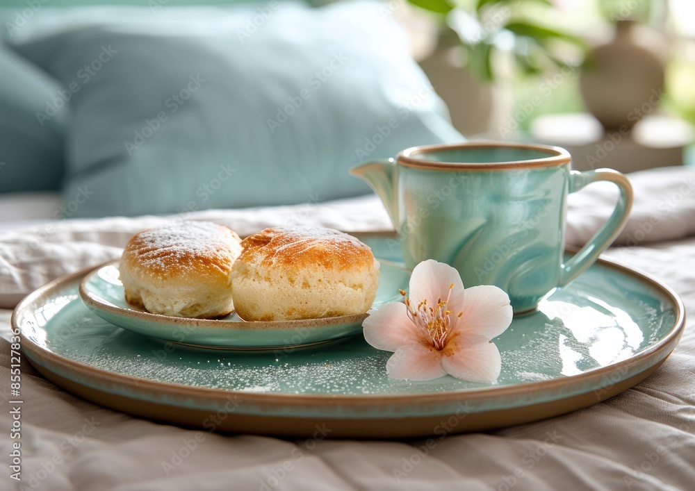 A breakfast tray with pastries and tea on a bed of white linens A breakfast tray with pastries and tea on a bed of white linens